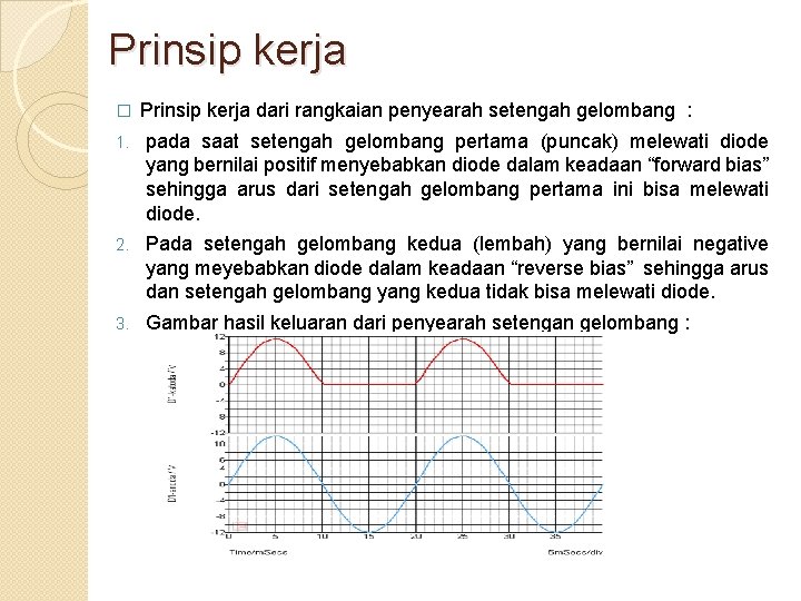 Prinsip kerja � Prinsip kerja dari rangkaian penyearah setengah gelombang : 1. pada saat