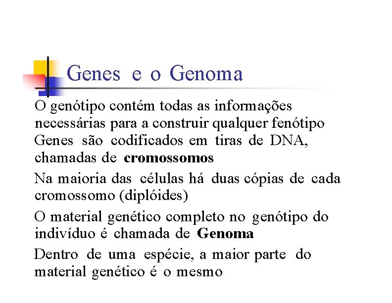 Genes e o Genoma O genótipo contém todas as informações necessárias para a construir