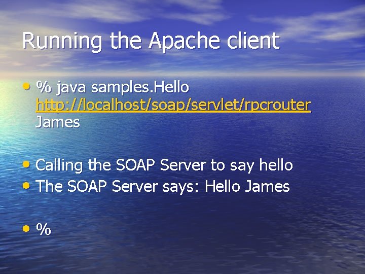 Running the Apache client • % java samples. Hello http: //localhost/soap/servlet/rpcrouter James • Calling