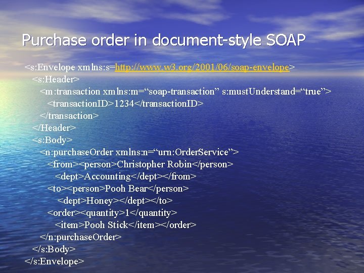 Purchase order in document-style SOAP <s: Envelope xmlns: s=http: //www. w 3. org/2001/06/soap-envelope> <s: