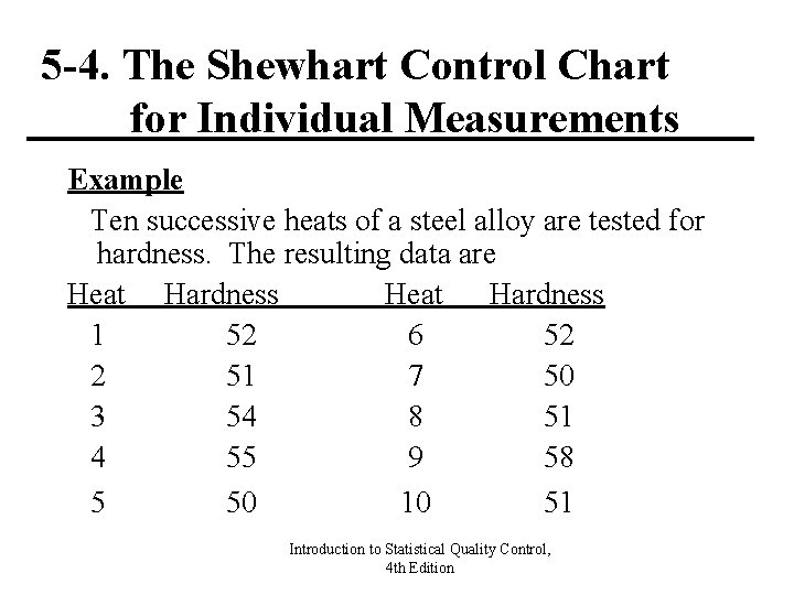 5 -4. The Shewhart Control Chart for Individual Measurements Example Ten successive heats of 5 -4. The Shewhart Control Chart for Individual Measurements Example Ten successive heats of