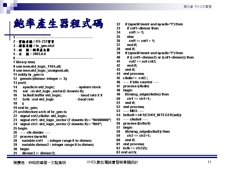 第九章 RS-232實習 鮑率產生器程式碼 1 ---------------------------------2 --實驗名稱：RS-232實習 3 --檔案名稱：br_gen. vhd 4 --功 能：鮑率產生器 5 --日