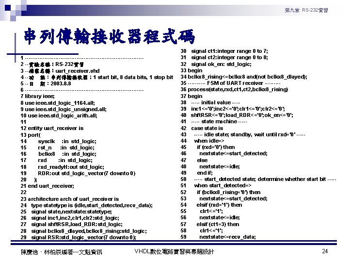 第九章 RS-232實習 串列傳輸接收器程式碼 1 ---------------------------------2 --實驗名稱：RS-232實習 3 --檔案名稱：uart_receiver. vhd 4 --功 能：串列傳輸接收器； 1 start