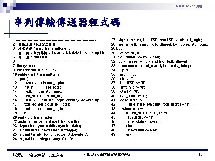 第九章 RS-232實習 串列傳輸傳送器程式碼 1 ---------------------------------2 --實驗名稱：RS-232實習 3 --檔案名稱：uart_transmitter. vhd 4 --功 能：串列傳輸； 1 start