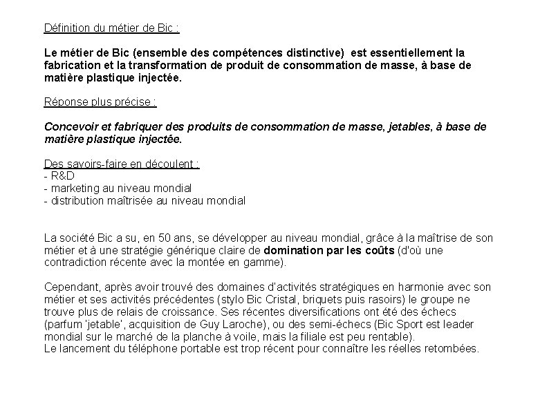 Définition du métier de Bic : Le métier de Bic (ensemble des compétences distinctive)