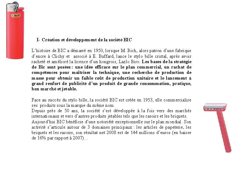 I- Création et développement de la société BIC L’histoire de BIC a démarré en