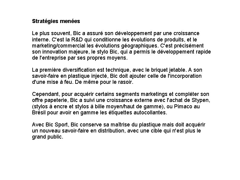 Stratégies menées Le plus souvent, Bic a assuré son développement par une croissance interne.