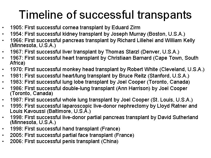 Timeline of successful transpants • • • • 1905: First successful cornea transplant by