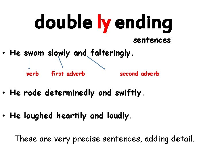 double ly ending sentences • He swam slowly and falteringly. verb first adverb second