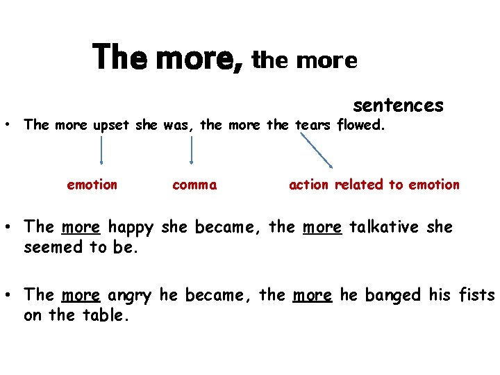 The more, the more sentences • The more upset she was, the more the