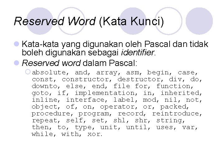 Reserved Word (Kata Kunci) l Kata-kata yang digunakan oleh Pascal dan tidak boleh digunakan