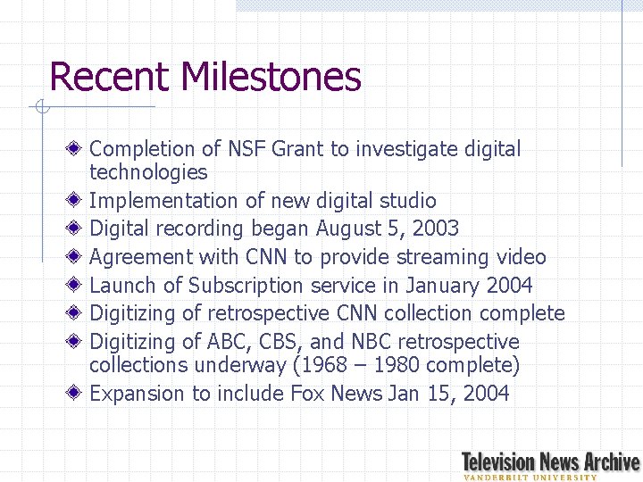 Recent Milestones Completion of NSF Grant to investigate digital technologies Implementation of new digital
