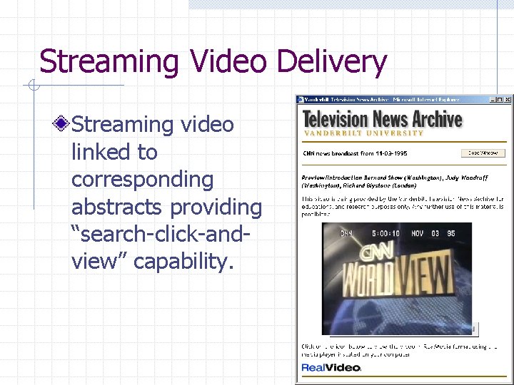 Streaming Video Delivery Streaming video linked to corresponding abstracts providing “search-click-andview” capability. 