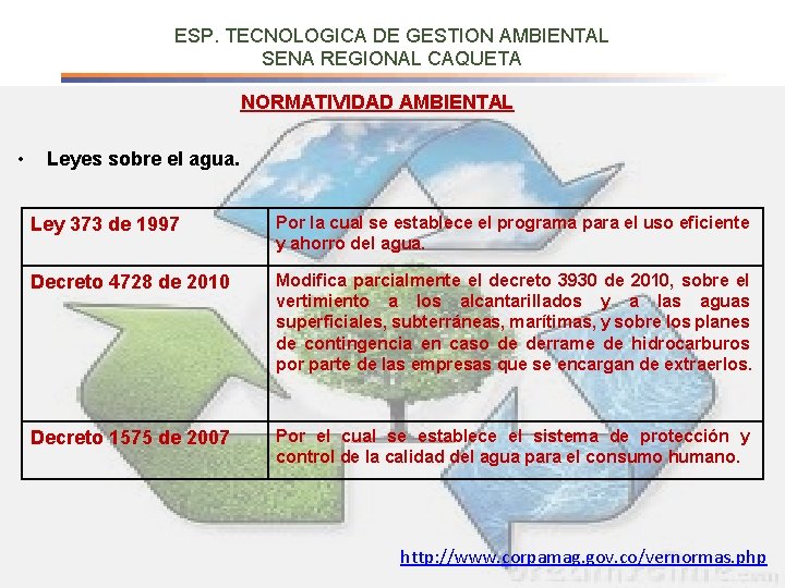 ESP. TECNOLOGICA DE GESTION AMBIENTAL SENA REGIONAL CAQUETA NORMATIVIDAD AMBIENTAL • Leyes sobre el