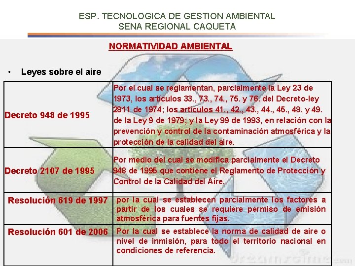 ESP. TECNOLOGICA DE GESTION AMBIENTAL SENA REGIONAL CAQUETA NORMATIVIDAD AMBIENTAL • Leyes sobre el