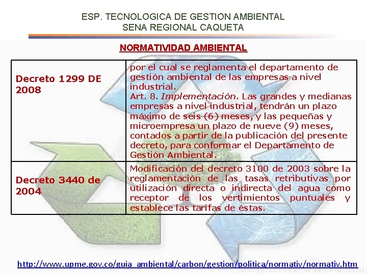 ESP. TECNOLOGICA DE GESTION AMBIENTAL SENA REGIONAL CAQUETA NORMATIVIDAD AMBIENTAL Decreto 1299 DE 2008