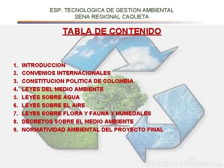 ESP. TECNOLOGICA DE GESTION AMBIENTAL SENA REGIONAL CAQUETA TABLA DE CONTENIDO 1. 2. 3.