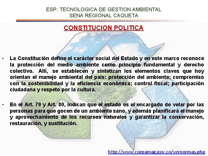 ESP. TECNOLOGICA DE GESTION AMBIENTAL SENA REGIONAL CAQUETA CONSTITUCION POLITICA • La Constitución define