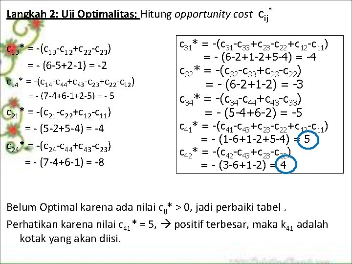Langkah 2: Uji Optimalitas; Hitung opportunity cost cij* c 13* = (c 13 c Langkah 2: Uji Optimalitas; Hitung opportunity cost cij* c 13* = (c 13 c