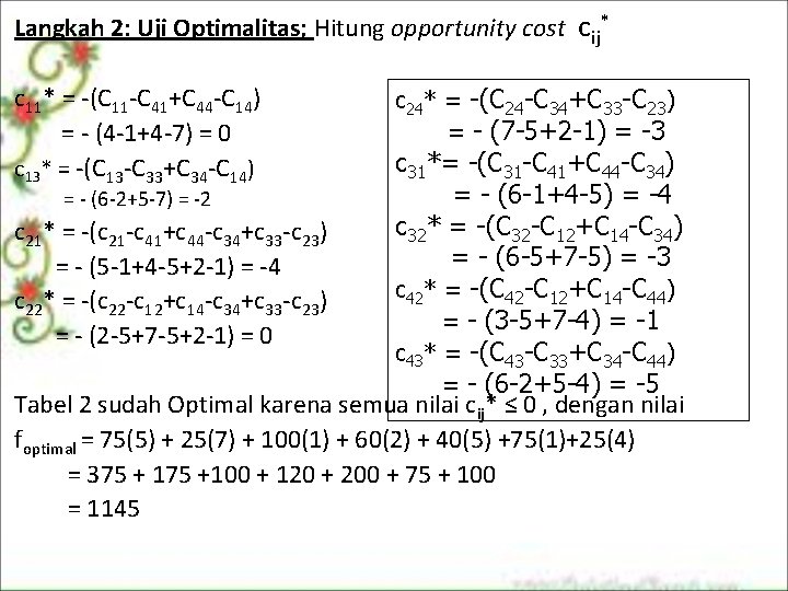 Langkah 2: Uji Optimalitas; Hitung opportunity cost cij* c 11* = (C 11 C Langkah 2: Uji Optimalitas; Hitung opportunity cost cij* c 11* = (C 11 C