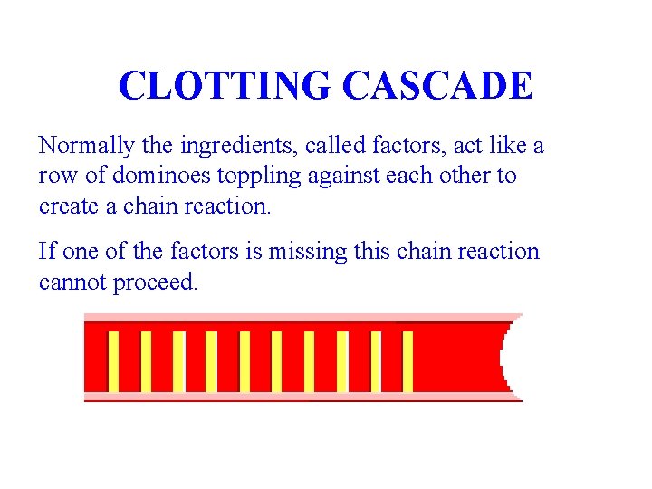 CLOTTING CASCADE Normally the ingredients, called factors, act like a row of dominoes toppling