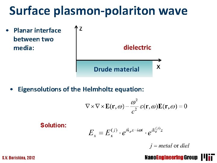 Surface plasmon-polariton wave • Planar interface between two media: • Eigensolutions of the Helmholtz