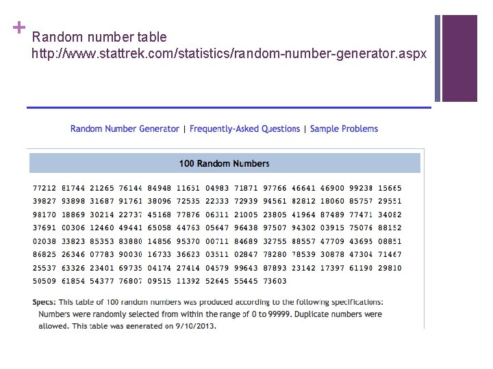 + Random number table http: //www. stattrek. com/statistics/random-number-generator. aspx 
