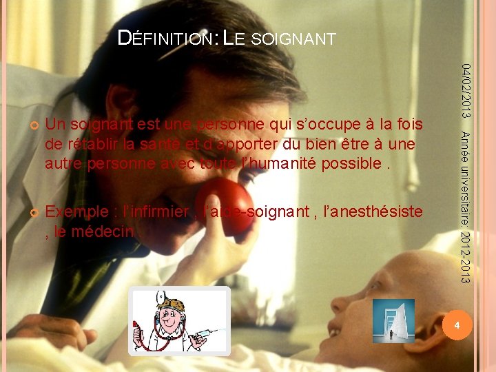 DÉFINITION: LE SOIGNANT Exemple : l’infirmier , l’aide-soignant , l’anesthésiste , le médecin. Année