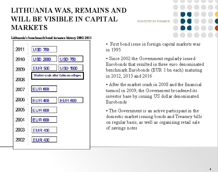 LITHUANIA WAS, REMAINS AND WILL BE VISIBLE IN CAPITAL MARKETS Lithuania’s benchmark bond issuance