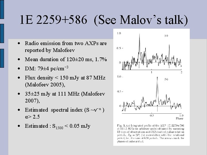 1 E 2259+586 (See Malov’s talk) Radio emission from two AXPs are reported by