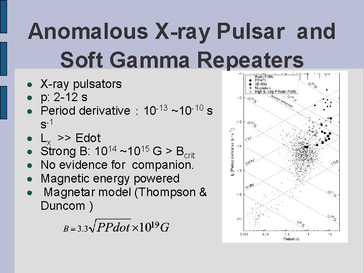 Anomalous X-ray Pulsar and Soft Gamma Repeaters X-ray pulsators p: 2 -12 s Period