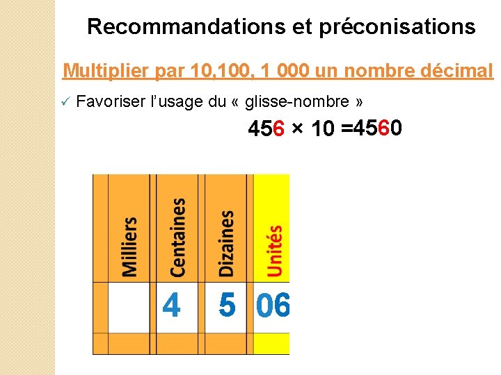 Recommandations et préconisations Multiplier par 10, 100, 1 000 un nombre décimal Favoriser l’usage