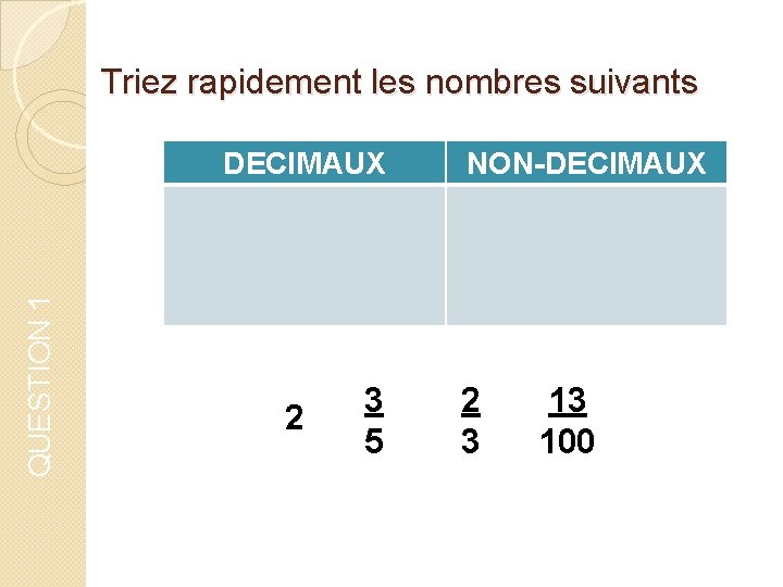 Triez rapidement les nombres suivants QUESTION 1 DECIMAUX NON-DECIMAUX 3 2 13 2 5