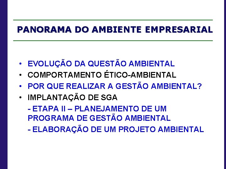 PANORAMA DO AMBIENTE EMPRESARIAL • • EVOLUÇÃO DA QUESTÃO AMBIENTAL COMPORTAMENTO ÉTICO-AMBIENTAL POR QUE