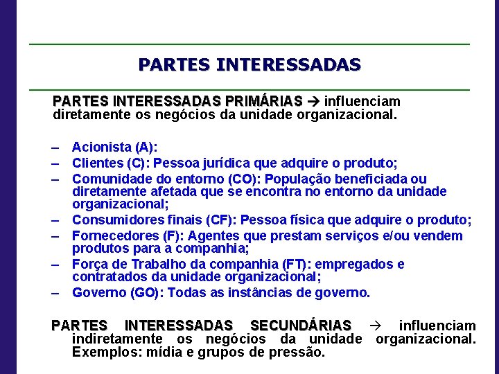 PARTES INTERESSADAS PRIMÁRIAS influenciam diretamente os negócios da unidade organizacional. – Acionista (A): –