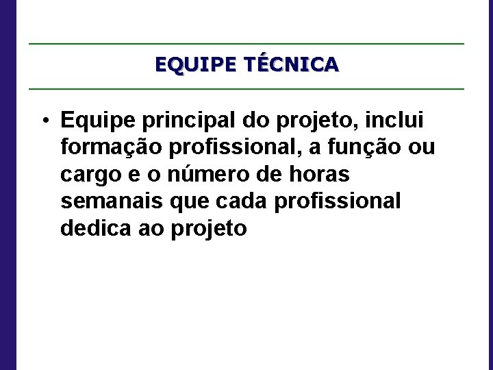 EQUIPE TÉCNICA • Equipe principal do projeto, inclui formação profissional, a função ou cargo