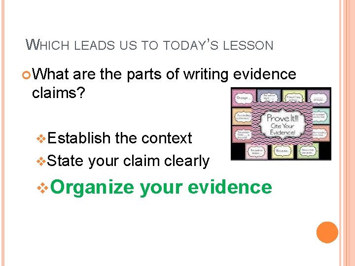 WHICH LEADS US TO TODAY’S LESSON What are the parts of writing evidence claims?