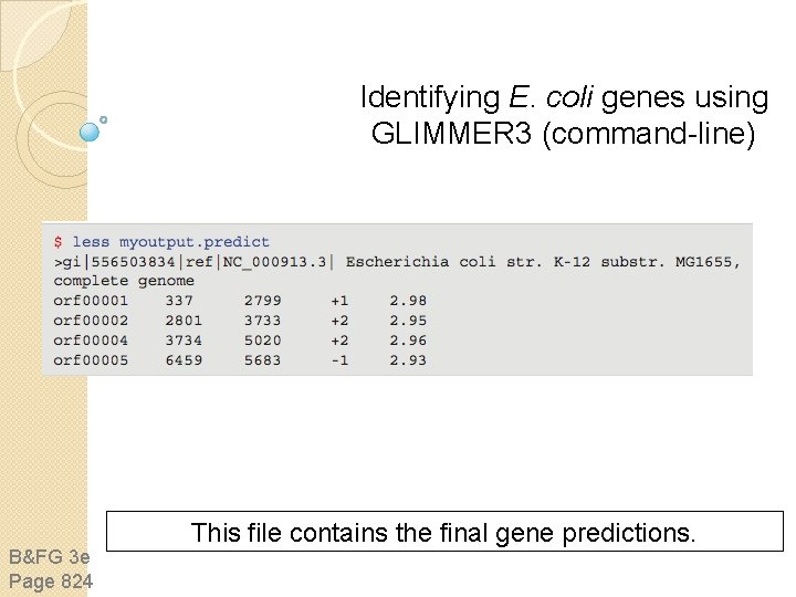 Identifying E. coli genes using GLIMMER 3 (command-line) B&FG 3 e Page 824 This