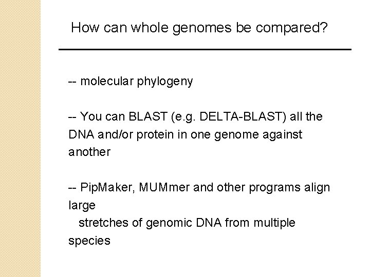 How can whole genomes be compared? -- molecular phylogeny -- You can BLAST (e.