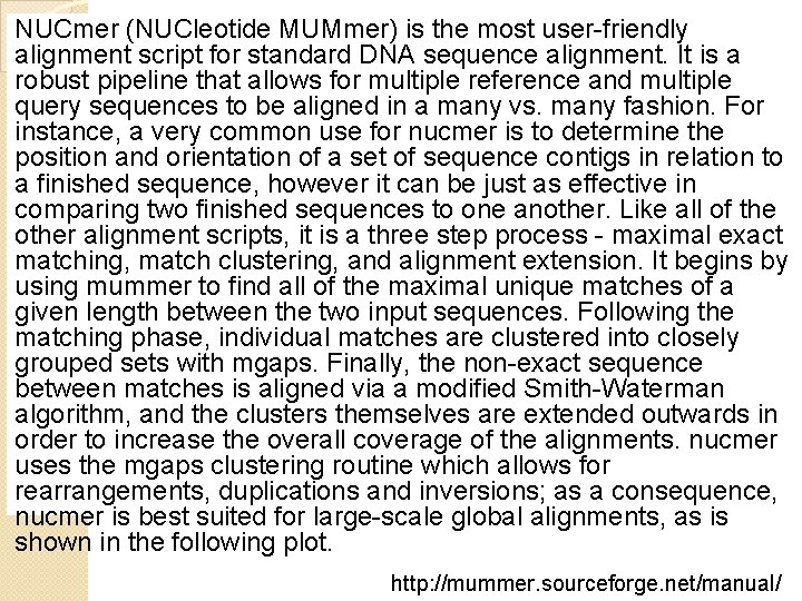 NUCmer (NUCleotide MUMmer) is the most user-friendly alignment script for standard DNA sequence alignment.