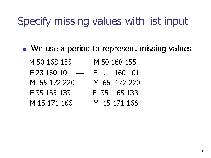 Specify missing values with list input n We use a period to represent missing