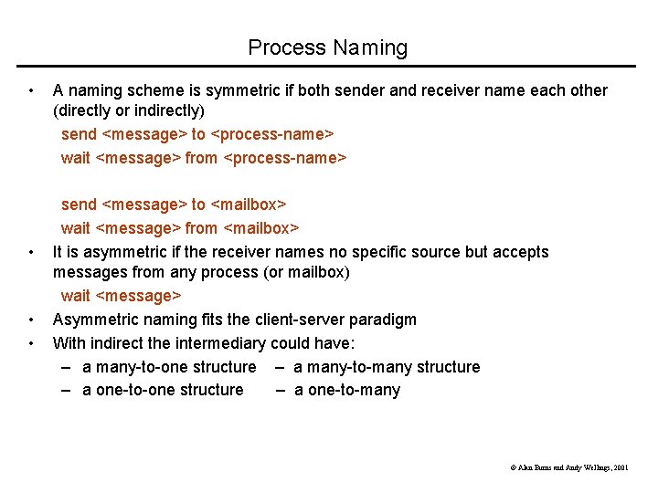Process Naming • • A naming scheme is symmetric if both sender and receiver