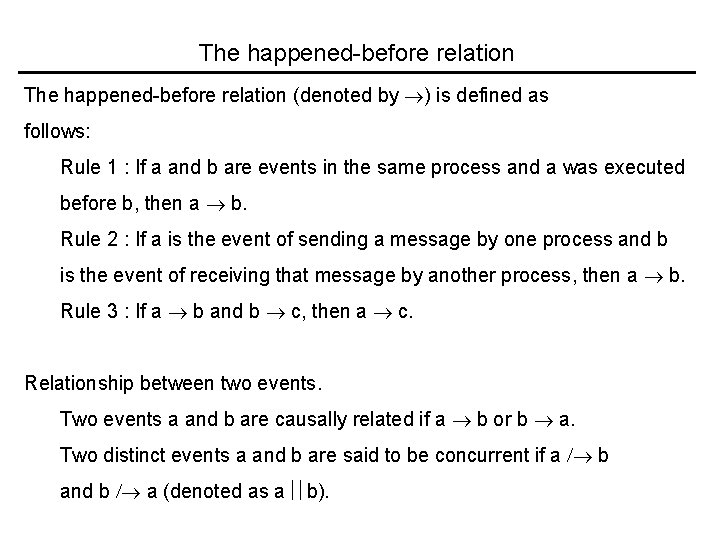 The happened-before relation (denoted by ) is defined as follows: Rule 1 : If
