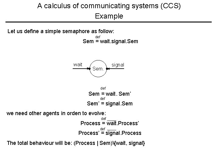 A calculus of communicating systems (CCS) Example Let us define a simple semaphore as