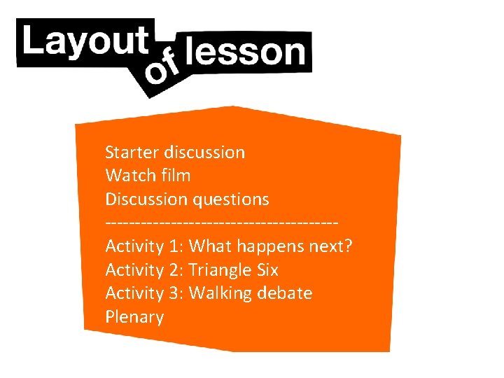 Starter discussion Watch film Discussion questions -------------------Activity 1: What happens next? Activity 2: Triangle