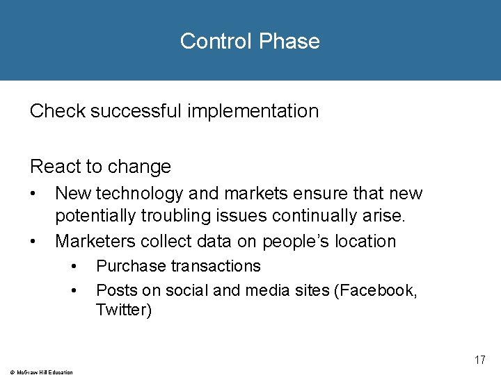 Control Phase Check successful implementation React to change • • New technology and markets