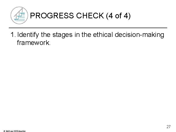 PROGRESS CHECK (4 of 4) 1. Identify the stages in the ethical decision-making framework.