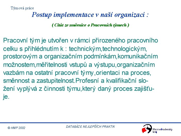 Týmová práce Postup implementace v naší organizaci : ( Citát ze směrnice o Pracovních