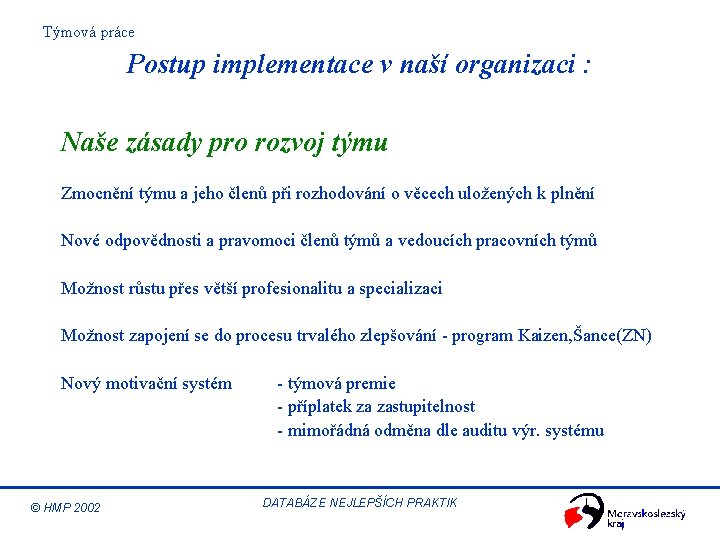 Týmová práce Postup implementace v naší organizaci : Naše zásady pro rozvoj týmu Zmocnění