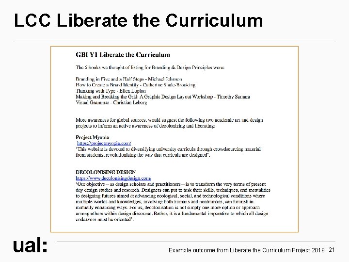 LCC Liberate the Curriculum Example outcome from Liberate the Curriculum Project 2019 21 